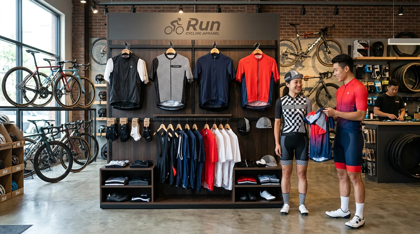 Boutique bike shop retail cycling apparel in-store display