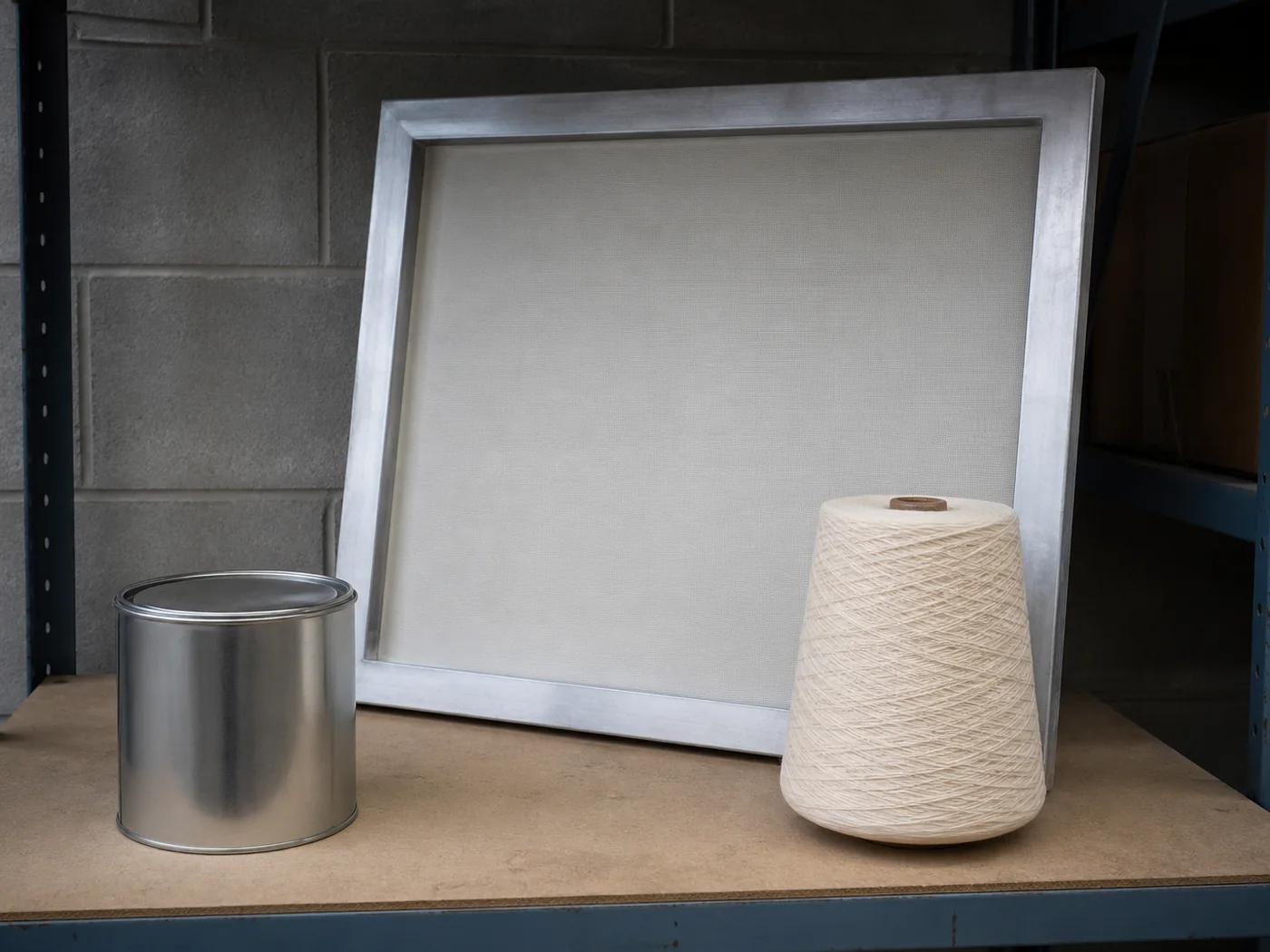 A tub of print paste, a screen frame and a cone of yarn set together on a store-room bench