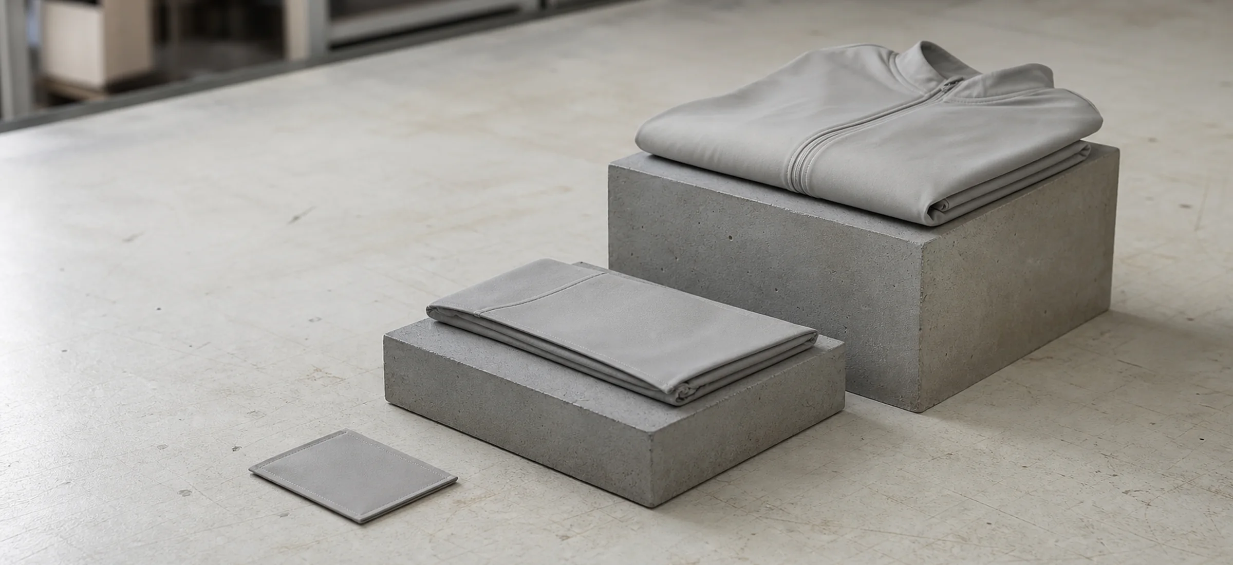 Three sample pieces staged as a rising step: a small marker swatch, a badge-sized piece and a full jersey body, each set higher and further in than the last