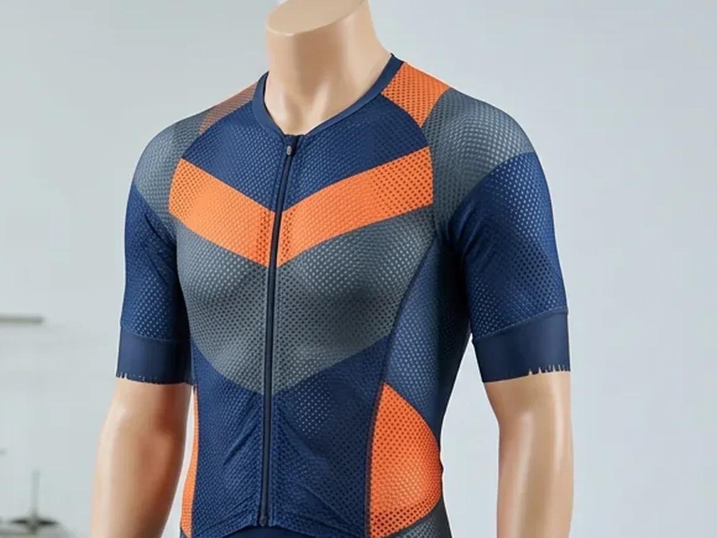 Race-fit cycling jersey on a form, panel construction visible across shoulder, sleeve cuff and chest