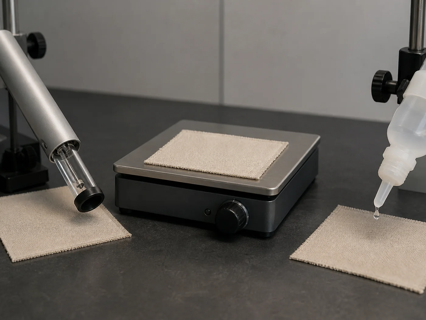 Three fabric test coupons on a laboratory bench, each set beside the instrument that drives it: an ultraviolet lamp tube, a heating plate and a water dropper bottle