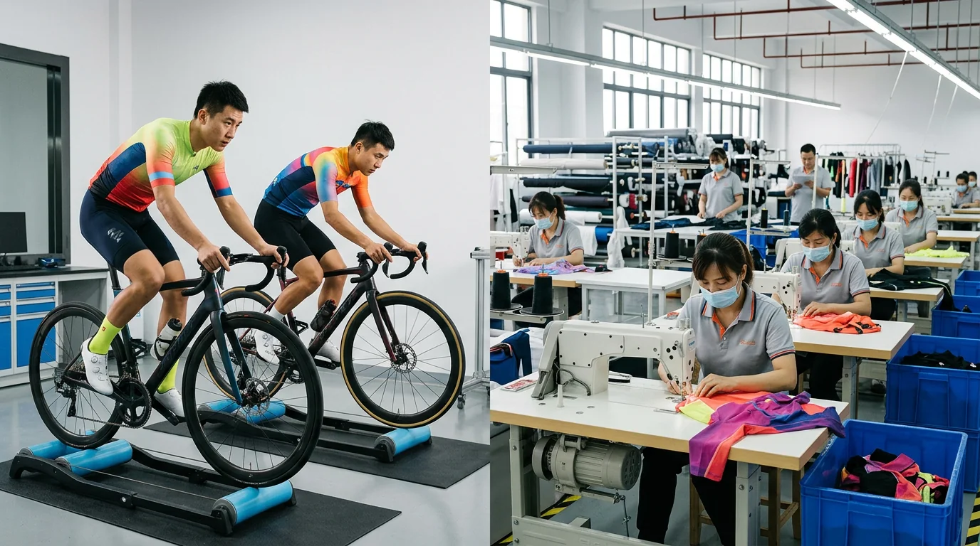 Professional cycling apparel manufacturing — dynamic riders and production floor