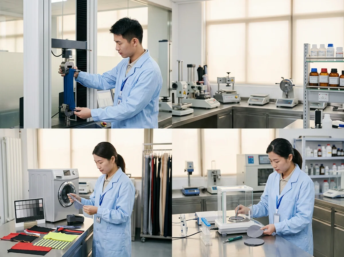 Lab technician testing cycling fabric stretch, GSM and colorfastness