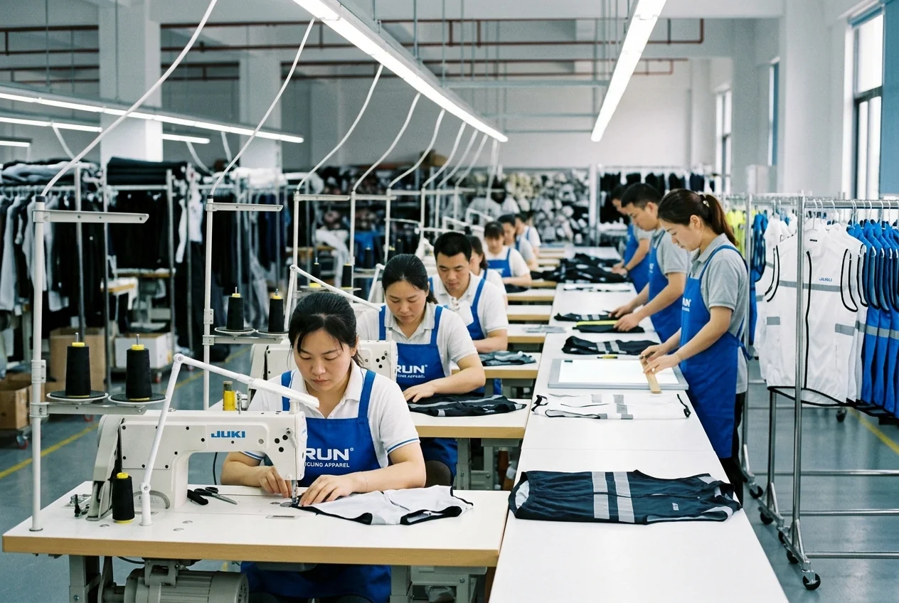 Cycling vest factory production line with sewing stations and quality control