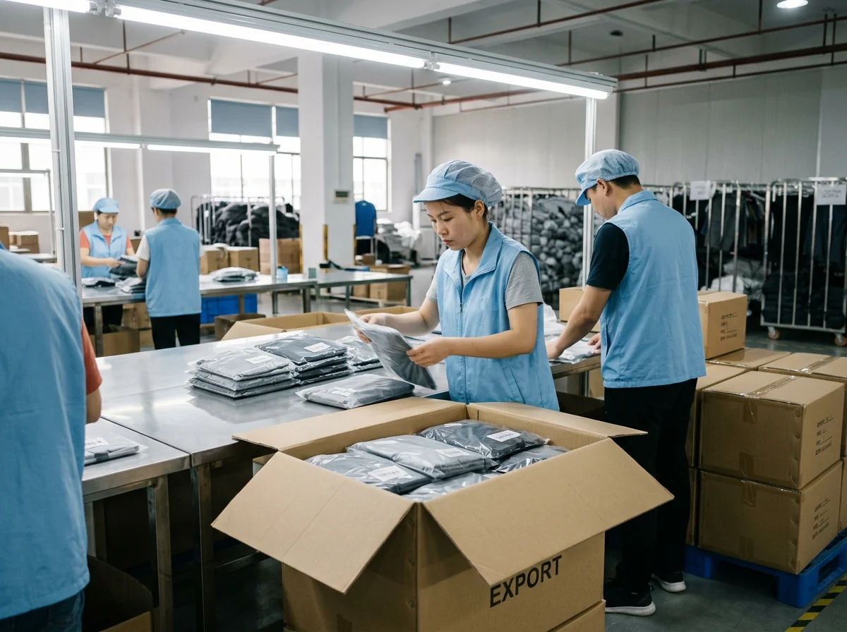 Final outgoing inspection with folded cycling vests in poly bags ready for carton