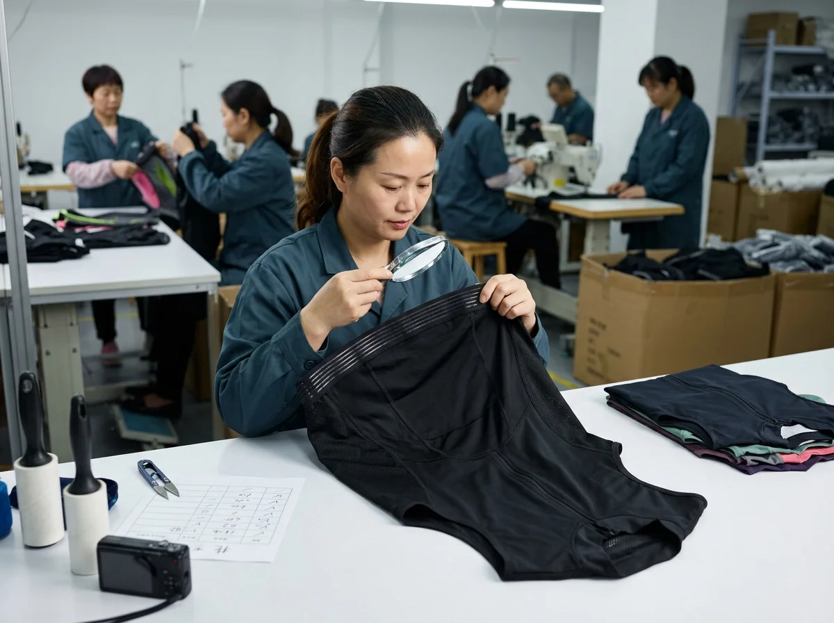 Finished cycling vest full inspection checking stitching silicone gripper and defects