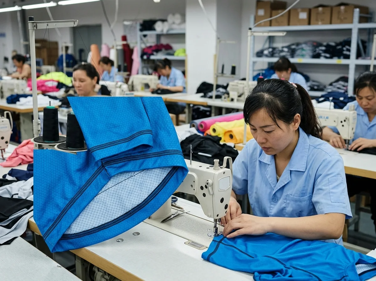 Edge locking double-bound hem on cycling jersey