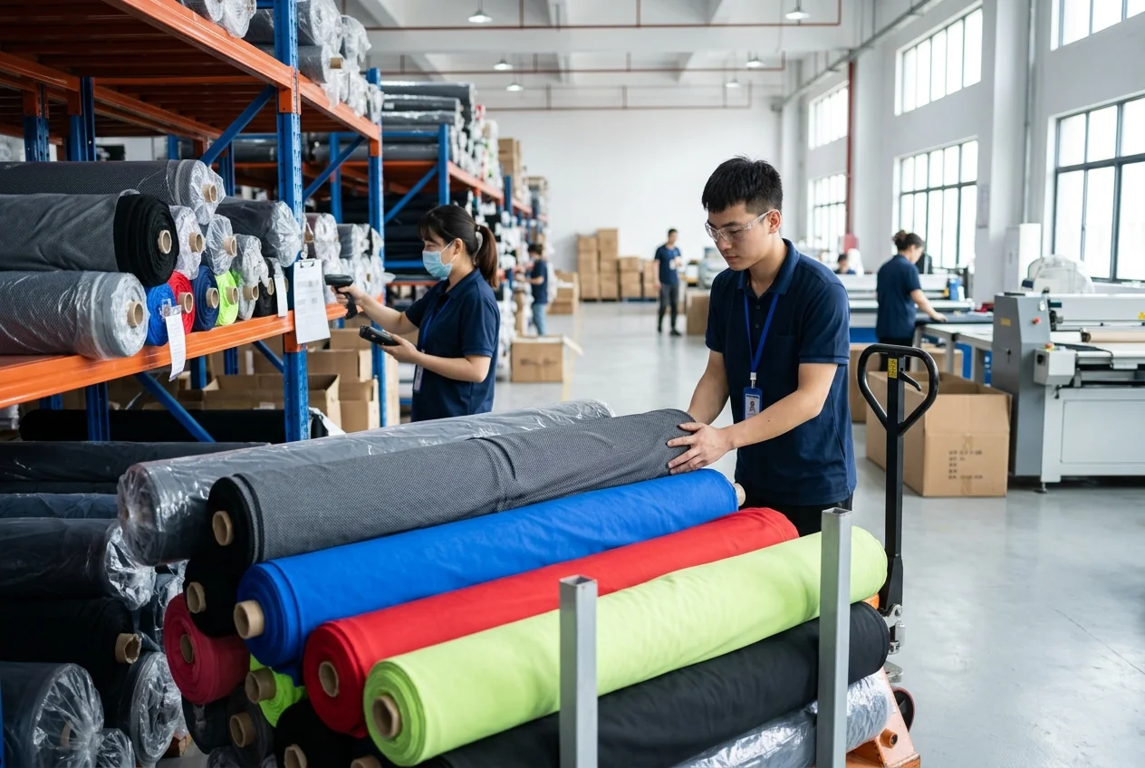 In-house supply-chain warehouse with certified performance fabric rolls