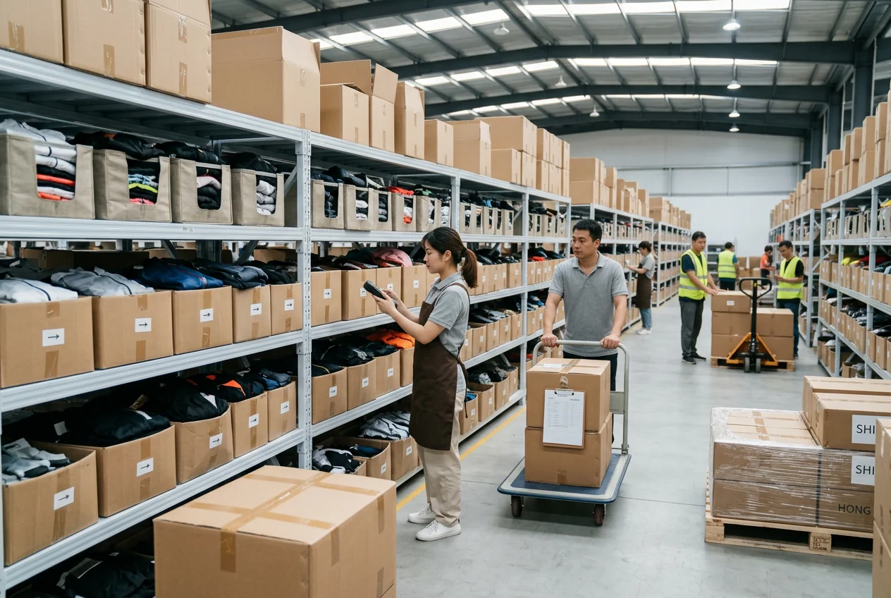 Cycling apparel warehouse with organised stock shelves ready for B2B shipment
